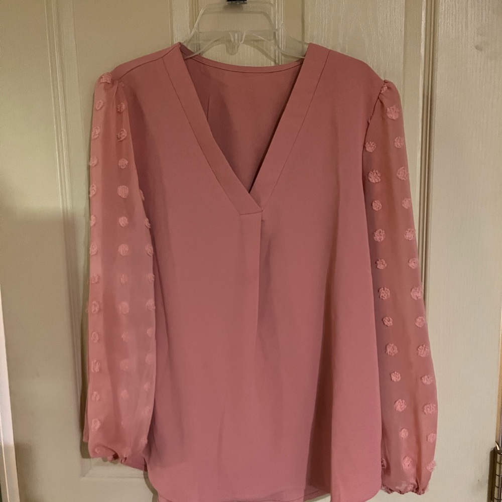 Elegant V-Neck Blouse with Sheer Polka Dot Sleeves